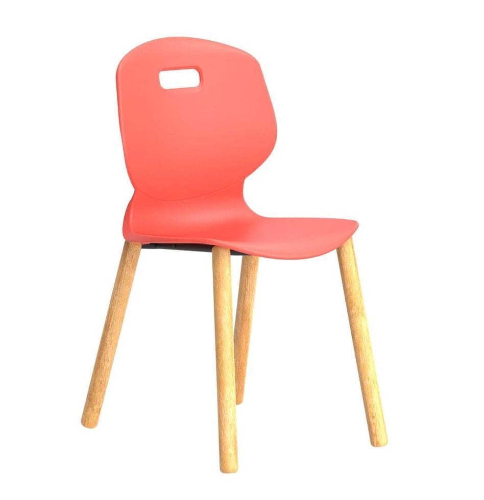 Classroom chair with wooden frame and coloured ergonomic seat