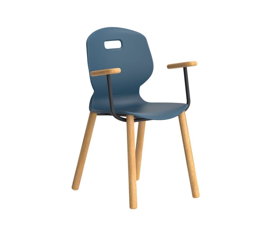 Wood frame chair with coloured ergonomic seat and contoured back