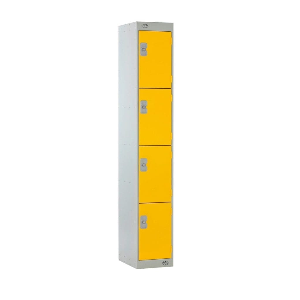 Tall steel locker with multiple ventilated coloured doors for secure storage