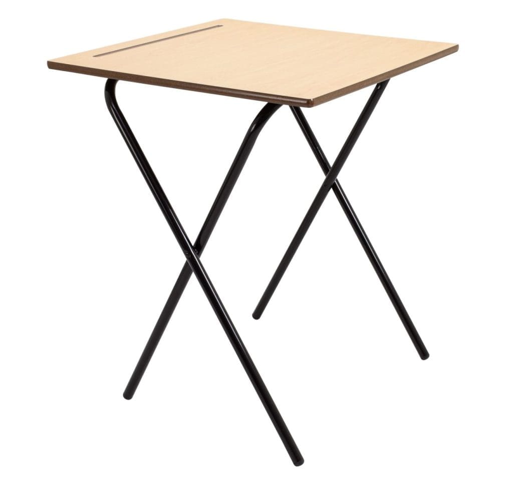 Titan economy folding exam desks with laminate tops and steel frames, folded and in use