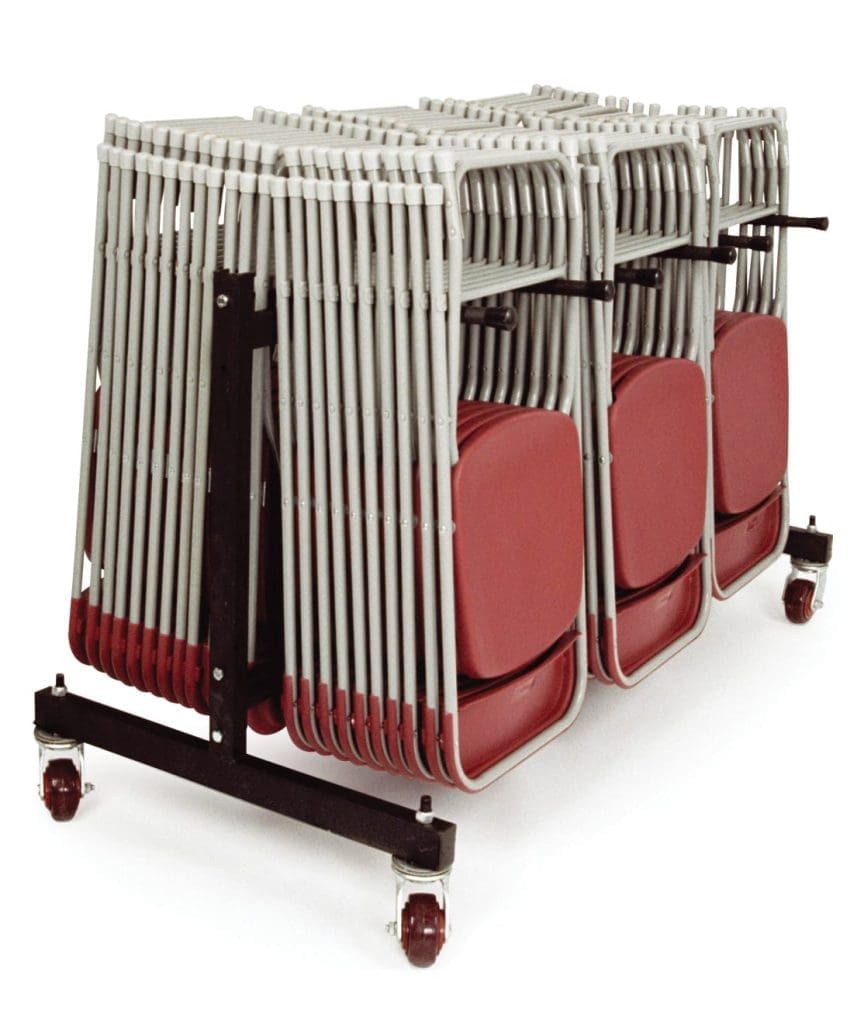 Steel folding chair trolley with black finish and four castor wheels for easy transport