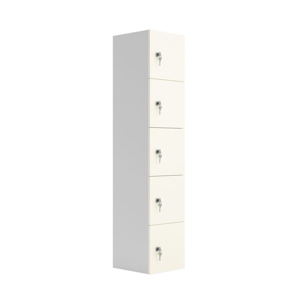 Five door vertical locker unit with coloured doors and secure cam locks