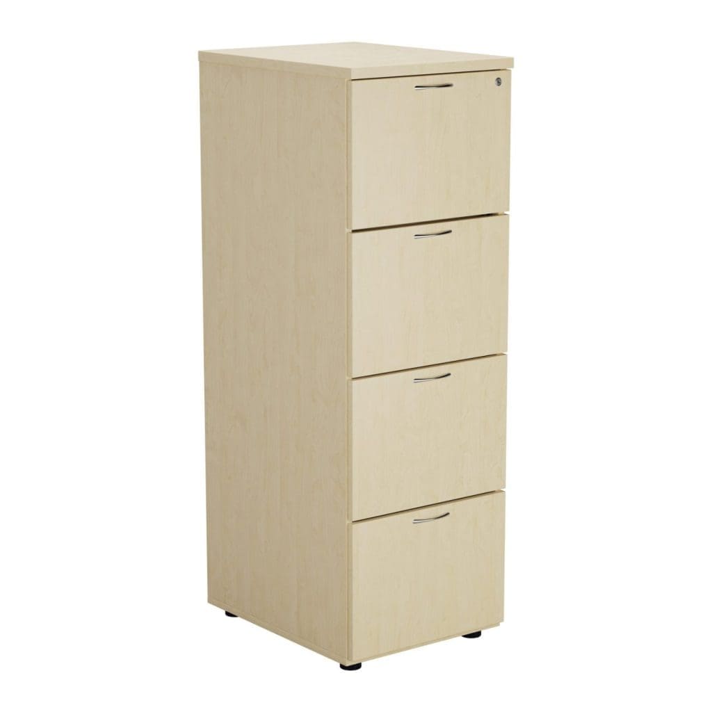 Wooden 4 drawer filing cabinet with lock, anti-tilt safety, and silver handles