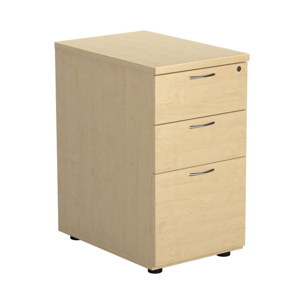 Wooden desk-high pedestal with 3 drawers and silver handles for office storage