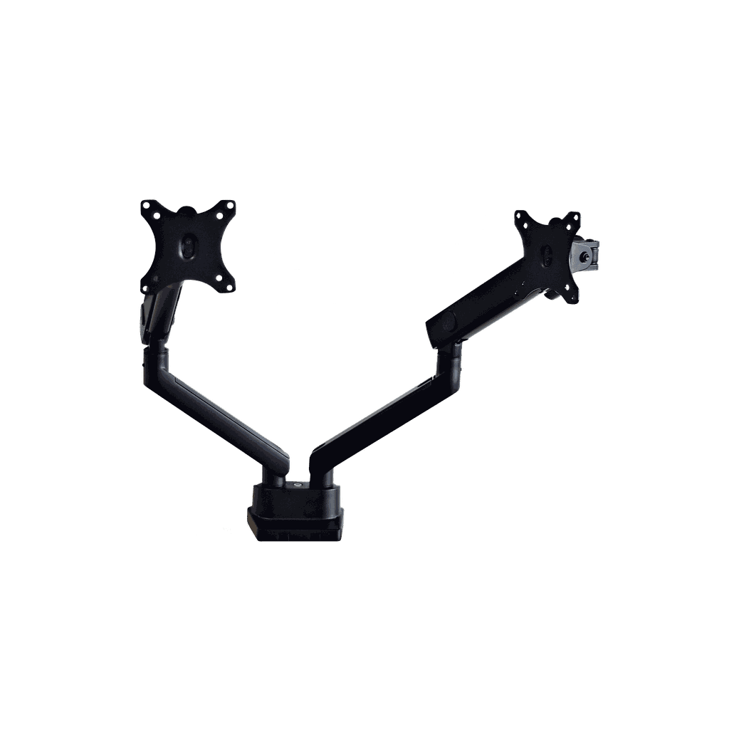 Spring-assisted twin monitor arm supporting two screens with cable management