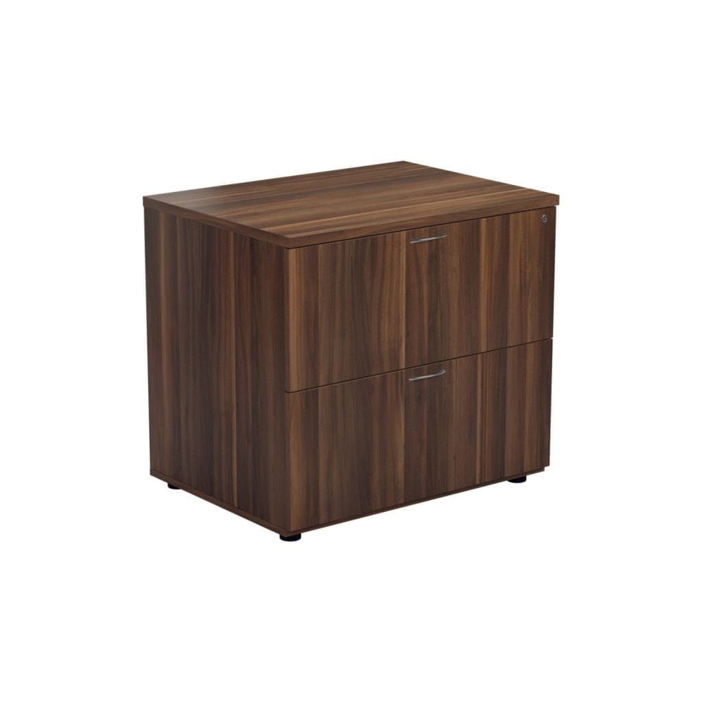 Heavy duty 2 drawer side filer with silver handles, desk-high cabinet design in office setting