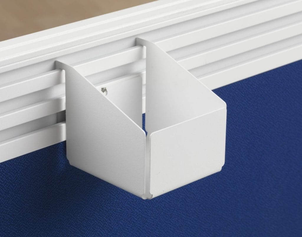 Metal trinket pot clipped to Toolrail screen above desk surface