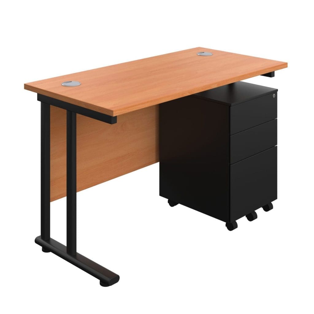 Rectangular office desk with twin upright frame and under desk steel pedestal
