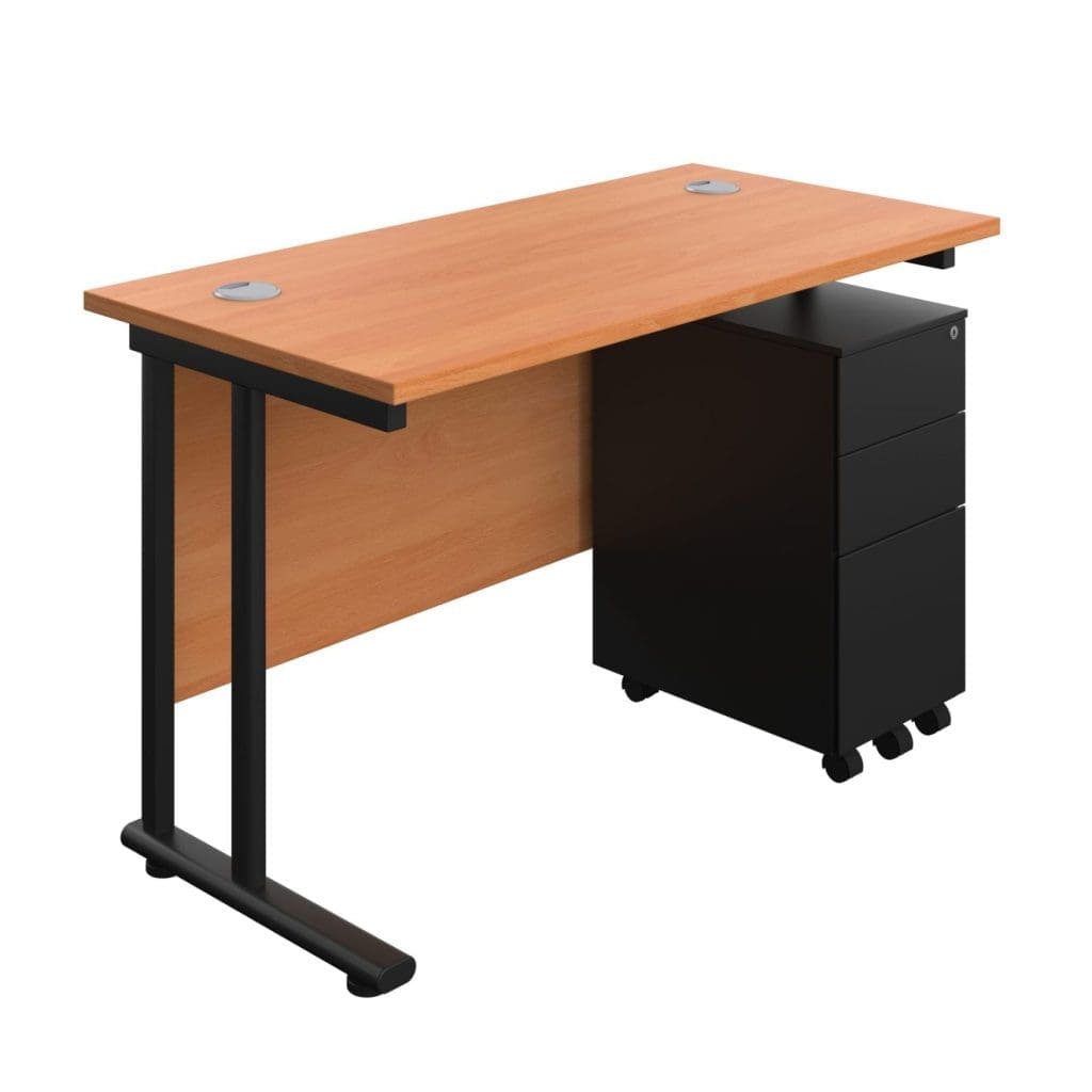 Rectangular office desk with twin upright frame and slimline steel pedestal