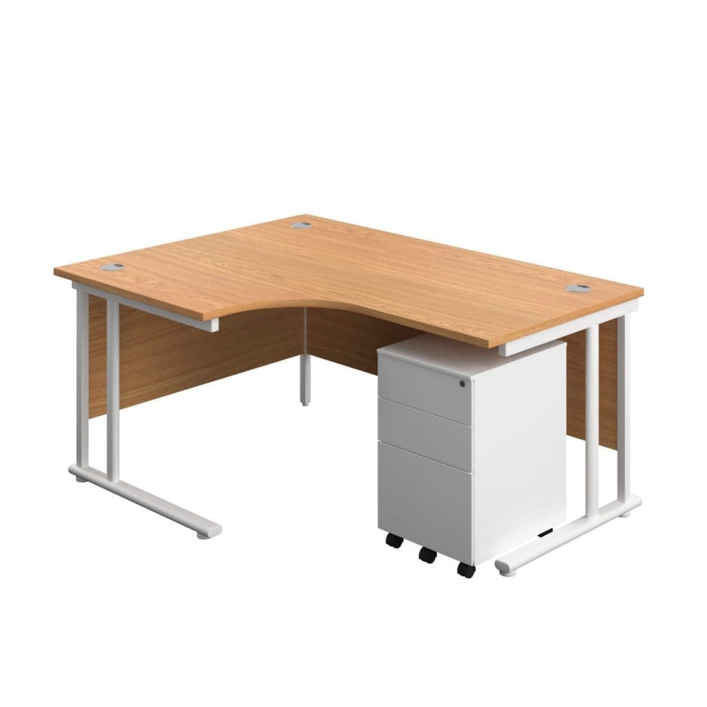 Left hand radial office desk with steel cantilever legs and cable ports