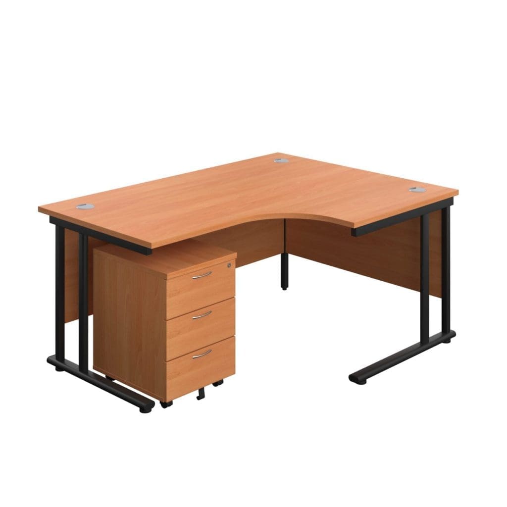 Right hand radial office desk with mobile pedestal and steel frame