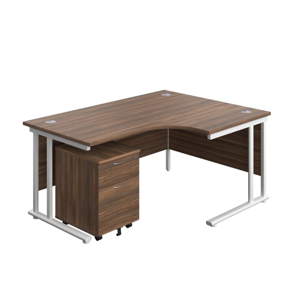 Right hand radial office desk with mobile 2 drawer pedestal and steel frame