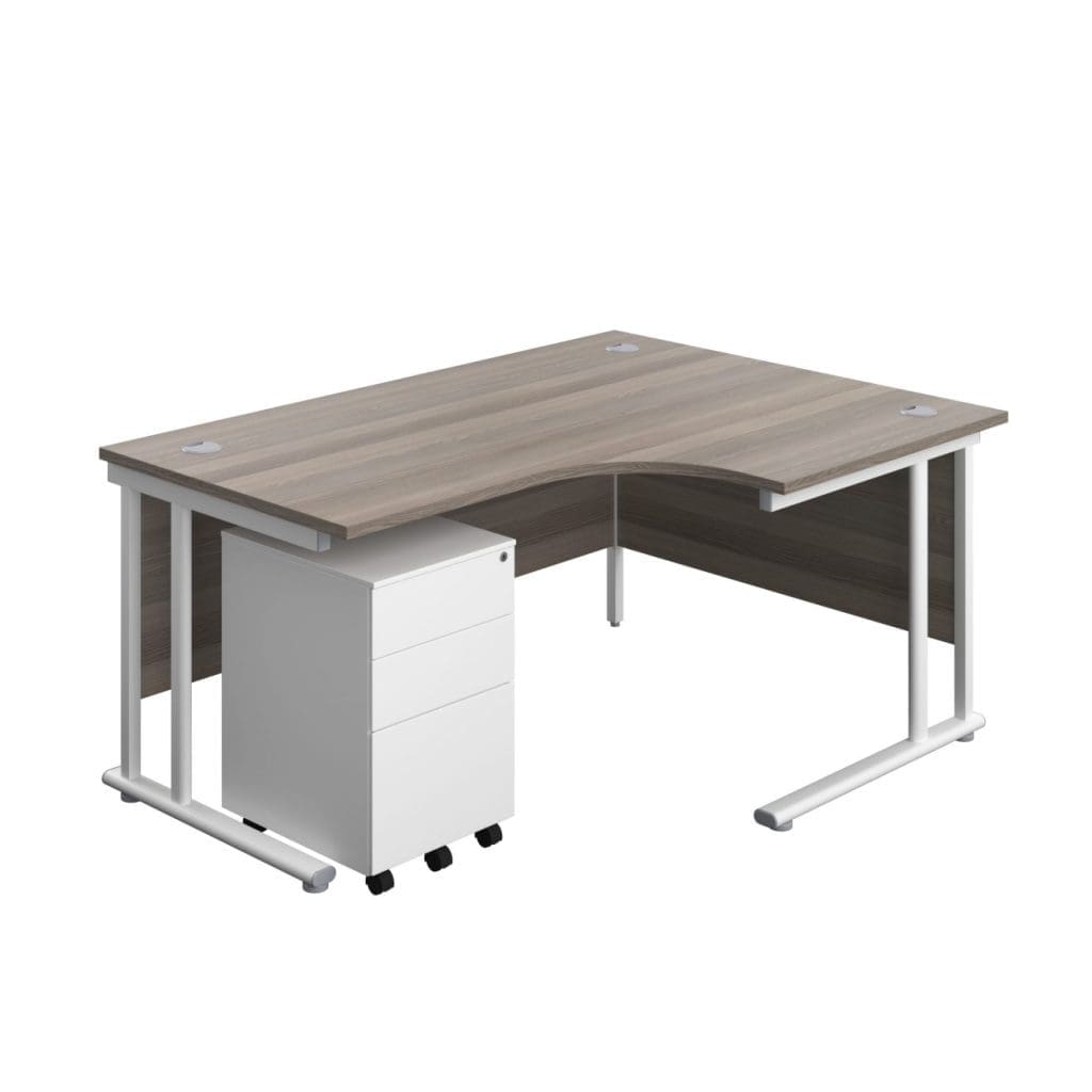Right hand radial office desk with under desk steel pedestal and modesty panel