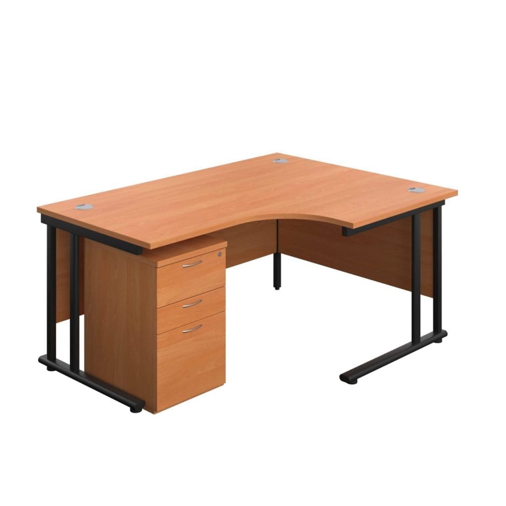 Right hand radial desk with high 3 drawer mobile pedestal and steel frame