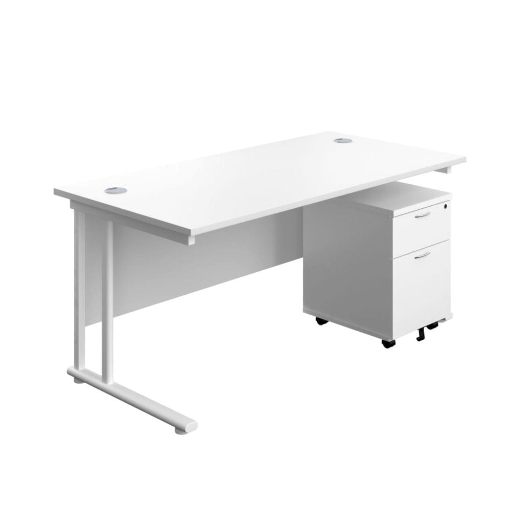 Rectangular desk with twin upright frame and mobile 2 drawer pedestal