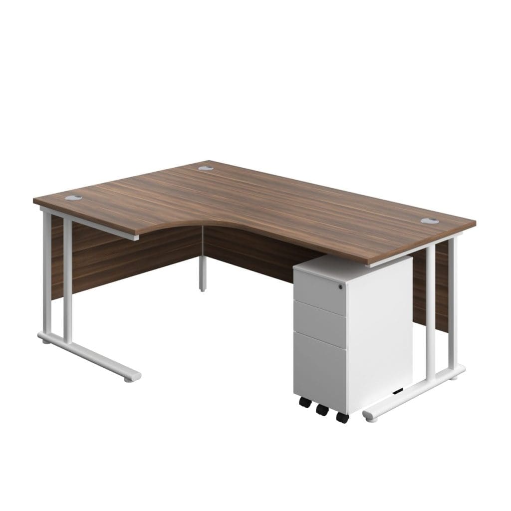 Radial desk with white steel legs and integrated cable ports