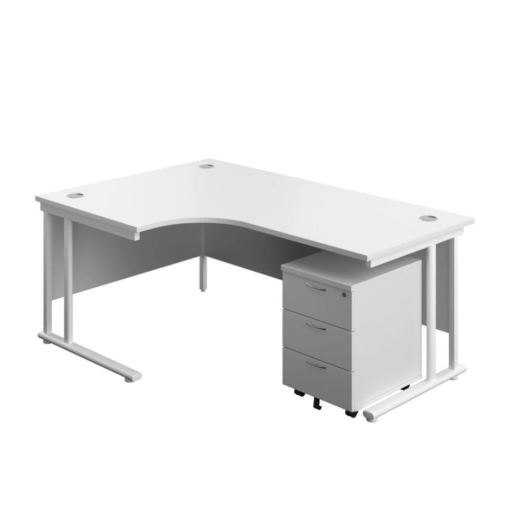 Left hand radial office desk with black steel legs and cable ports