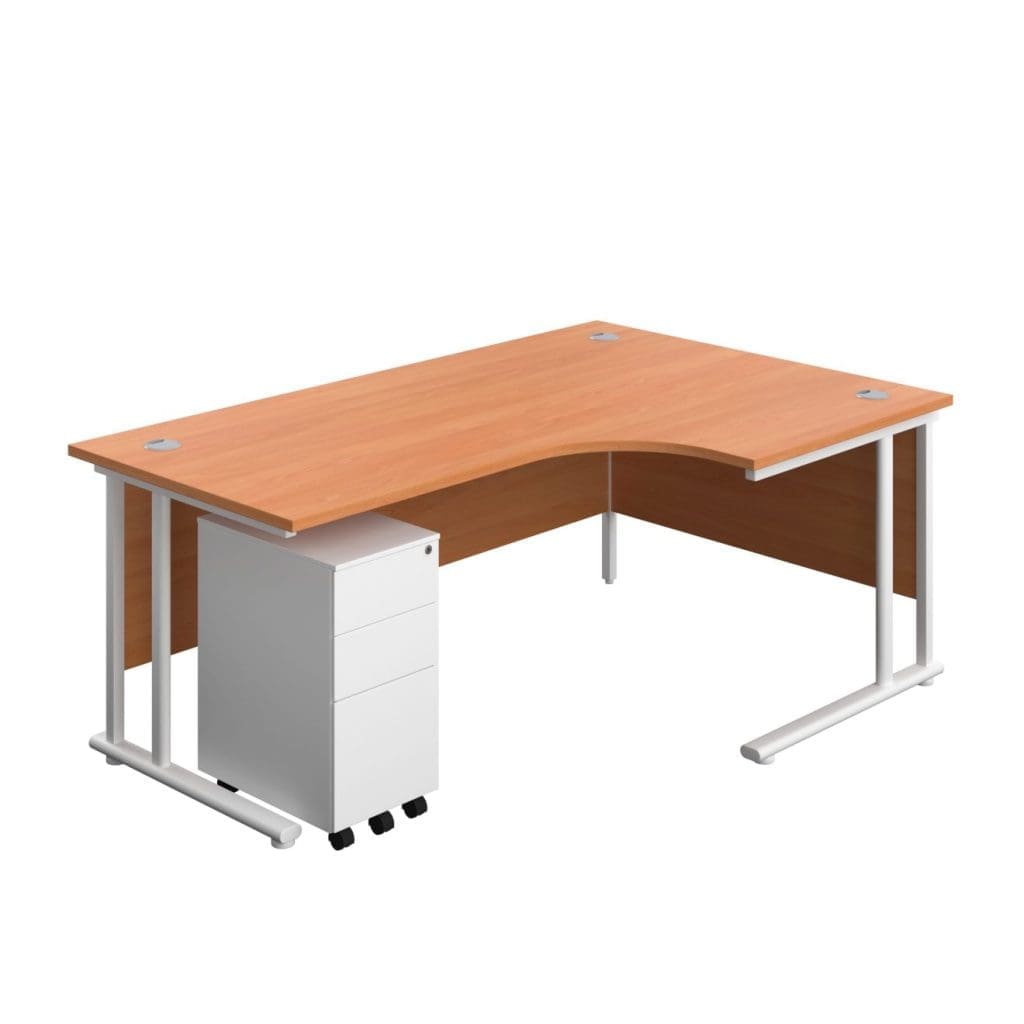 Right hand curved office desk with slimline steel pedestal and modesty panel