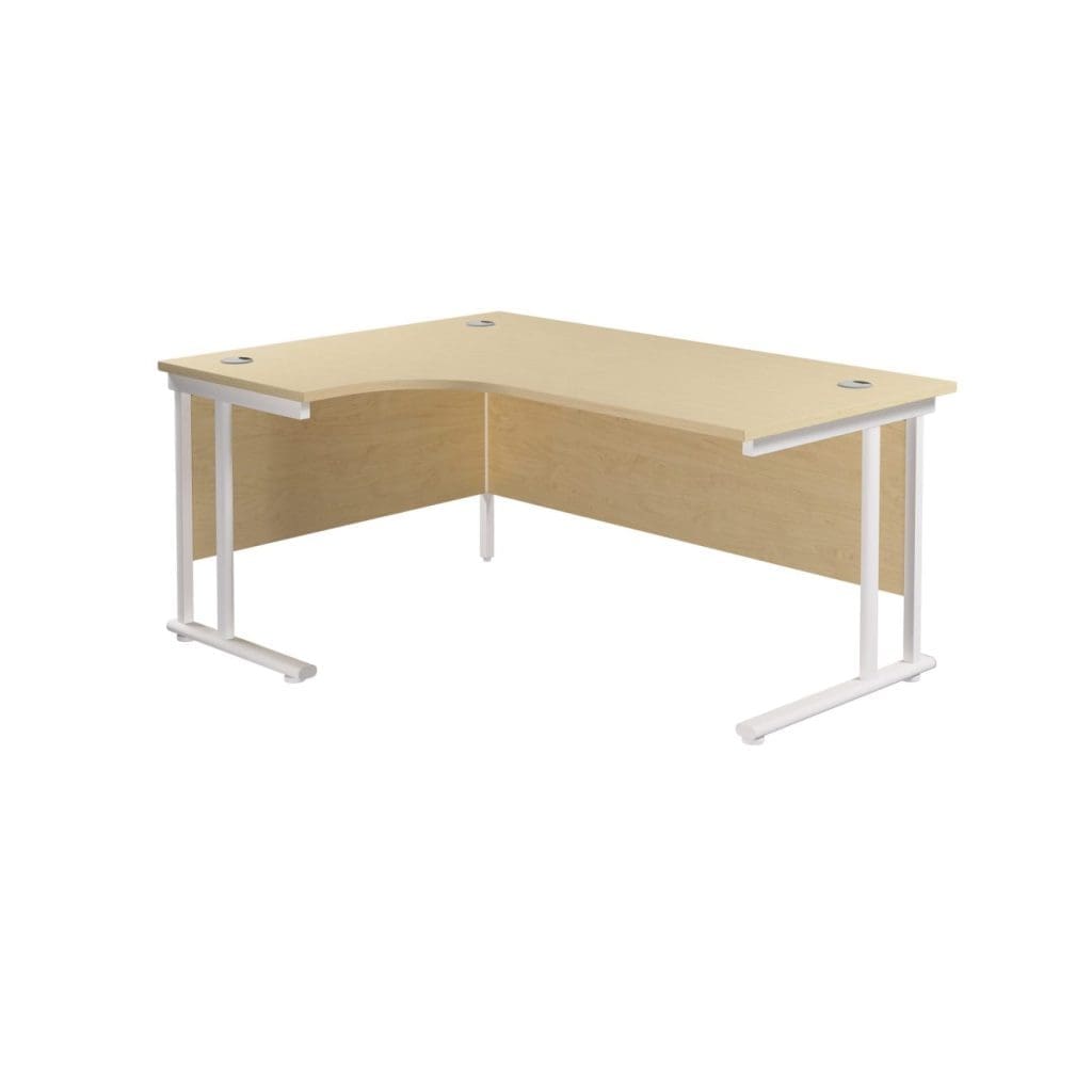 Left hand radial desk with wooden top, cable ports, and steel cantilever frame
