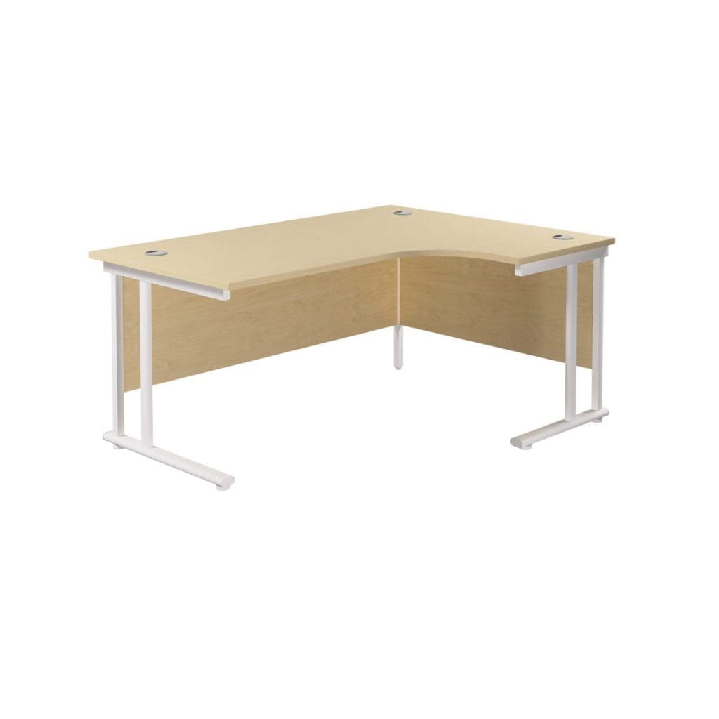 Right hand radial office desk with twin upright steel frame and modesty panel