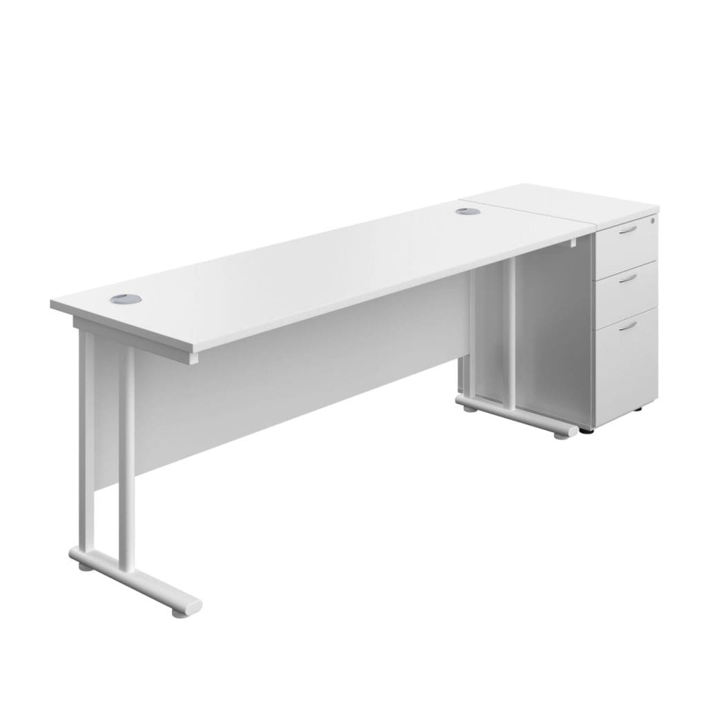 Twin upright rectangular desk with cable ports and steel frame
