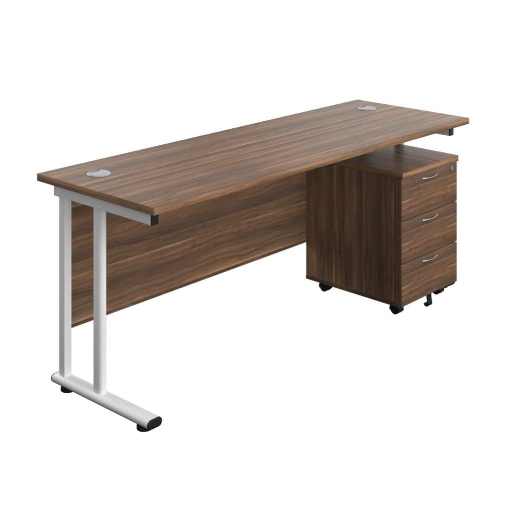 Rectangular office desk with twin upright frame and mobile 3 drawer pedestal