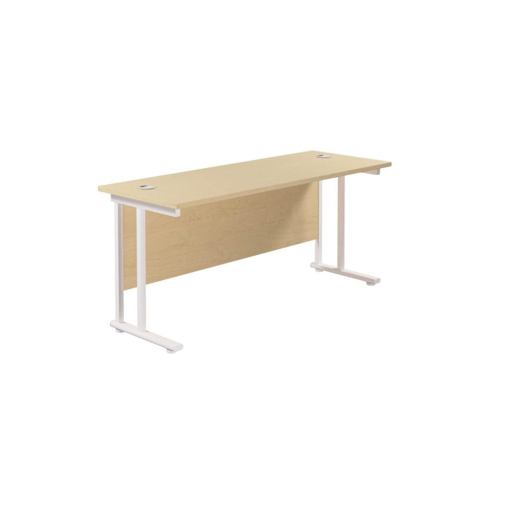 Slim rectangular desk with twin upright steel legs and modesty panel