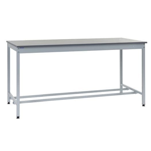 Square tube steel workbench with grey powder-coated frame and wide laminate top