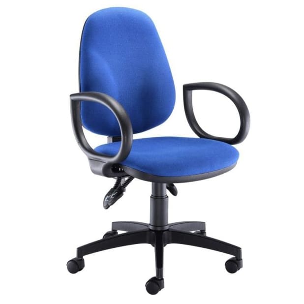 High-back deluxe operator chair with cushioned seat and ergonomic tilt mechanism on black base