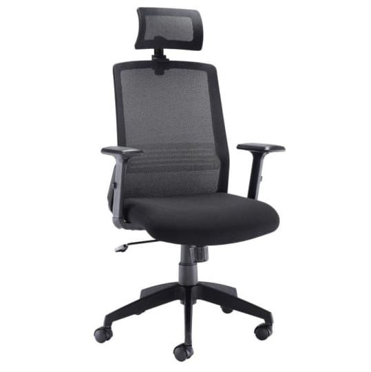Denali high-back mesh office chair with headrest and adjustable arms on swivel base