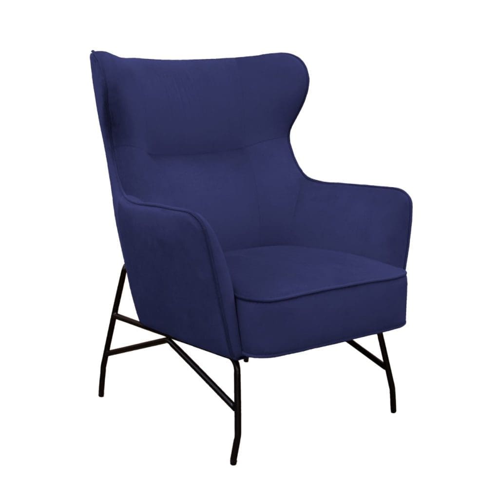Alpha lounge chair with velvet seat and black wire frame in office lounge area