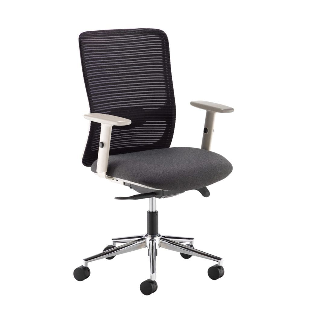 Arcade mesh office chair with grey frame, black backrest, and chrome base