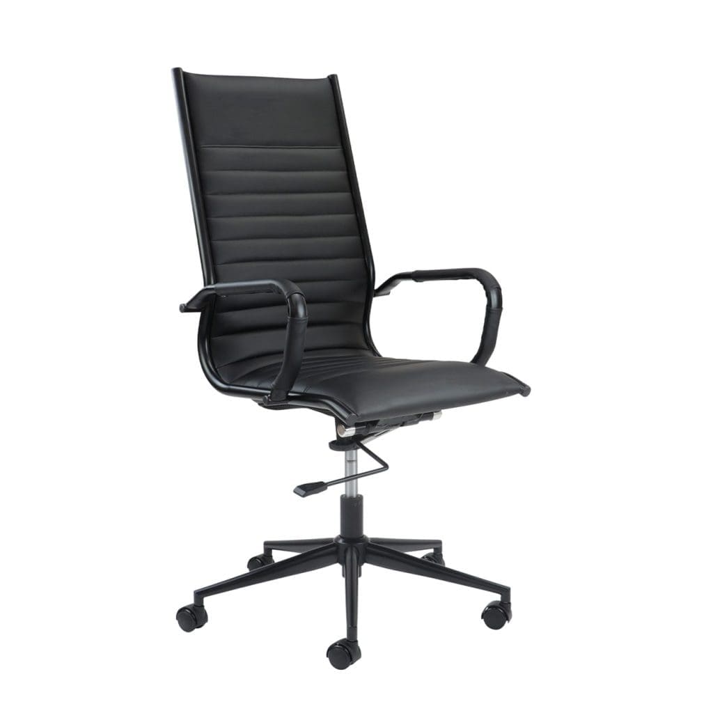 Black faux leather executive chair with ribbed back and chrome base in office boardroom