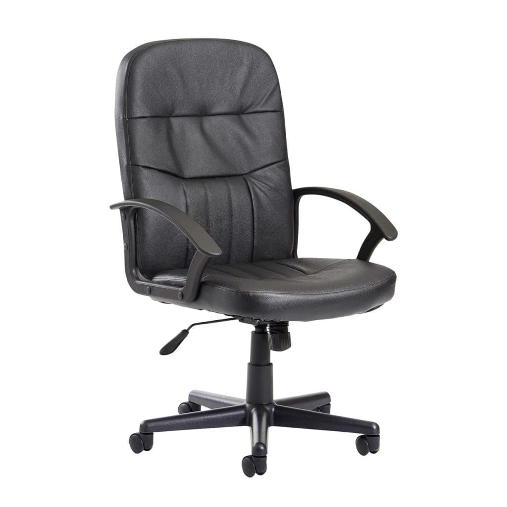 Cavalier executive manager chair with black leather-faced upholstery and fixed black armrests on nylon base