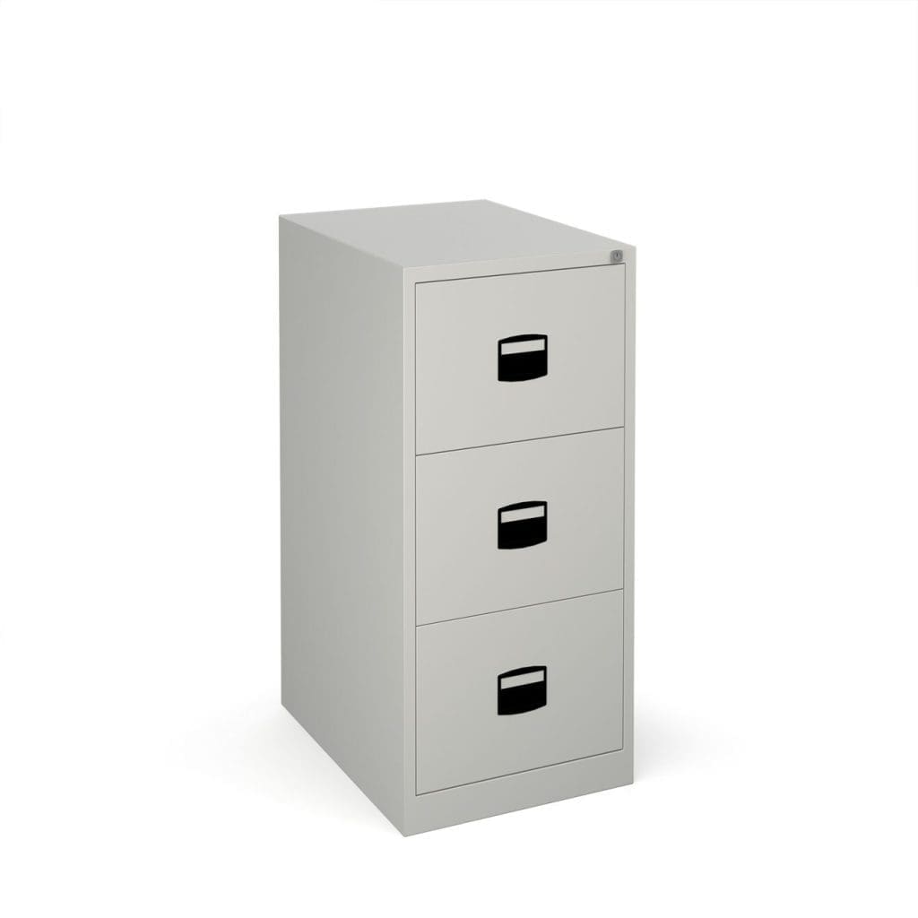 Steel filing cabinet with 4 lockable drawers and central black handles in modern office