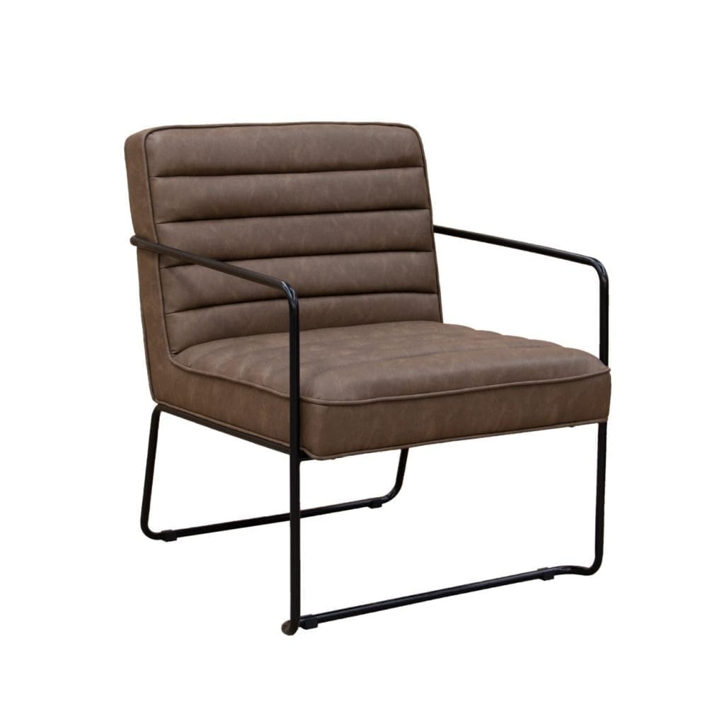 Brown leather reception chair with ribbed backrest and black metal frame in office lounge setting