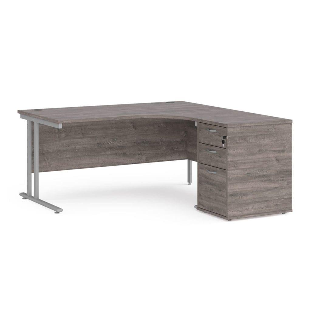 Maestro 25 ergonomic right hand desk with cantilever frame and pedestal