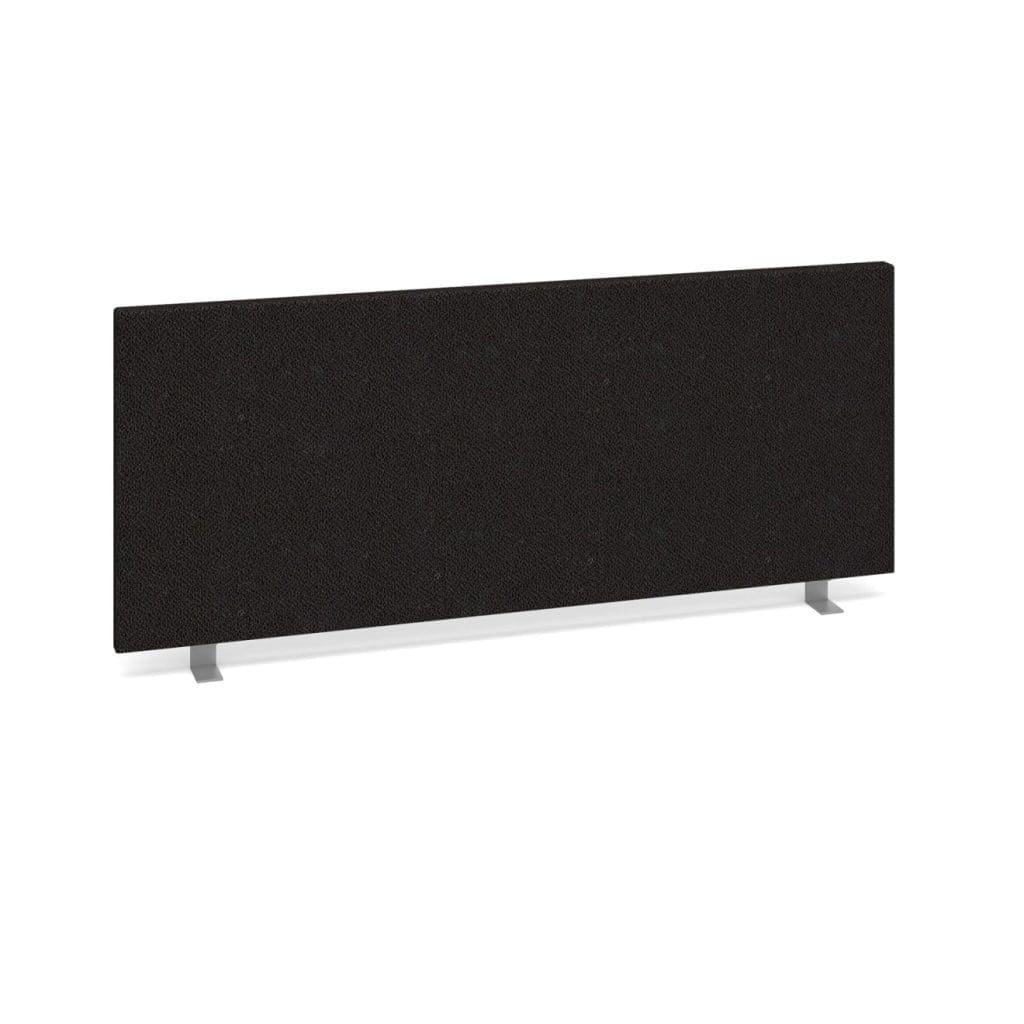 Straight fabric desktop screen in blue mounted on white desk with silver bracket in open-plan office