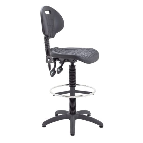 Black draughtsman factory chair with PCB back, foot-ring and wipe-clean polyurethane seat