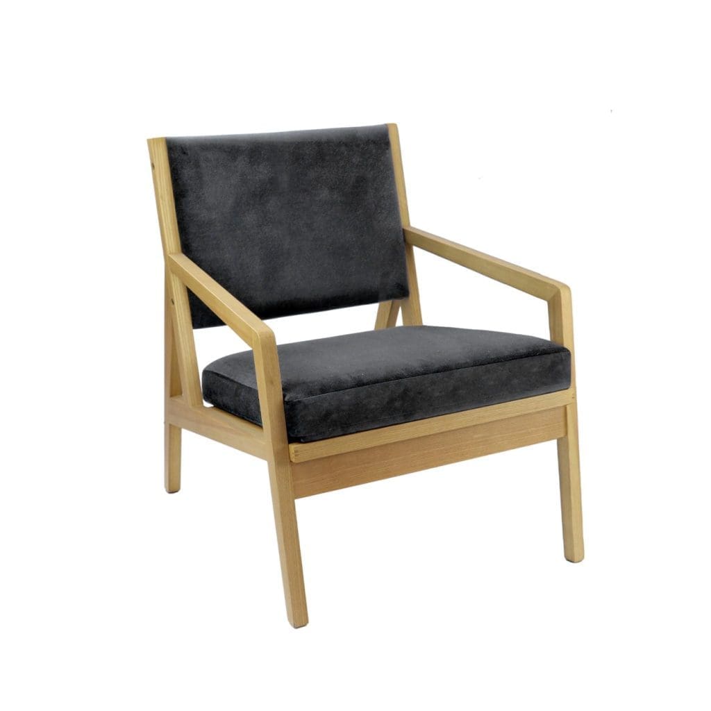 Hanna grey fabric armchair with oak wood frame in modern office lounge setting