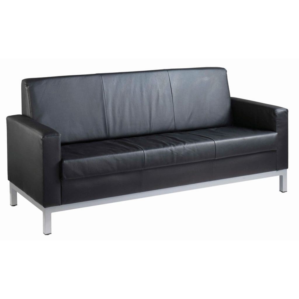 Black Helsinki 3-seater reception sofa with padded cushions and silver steel legs
