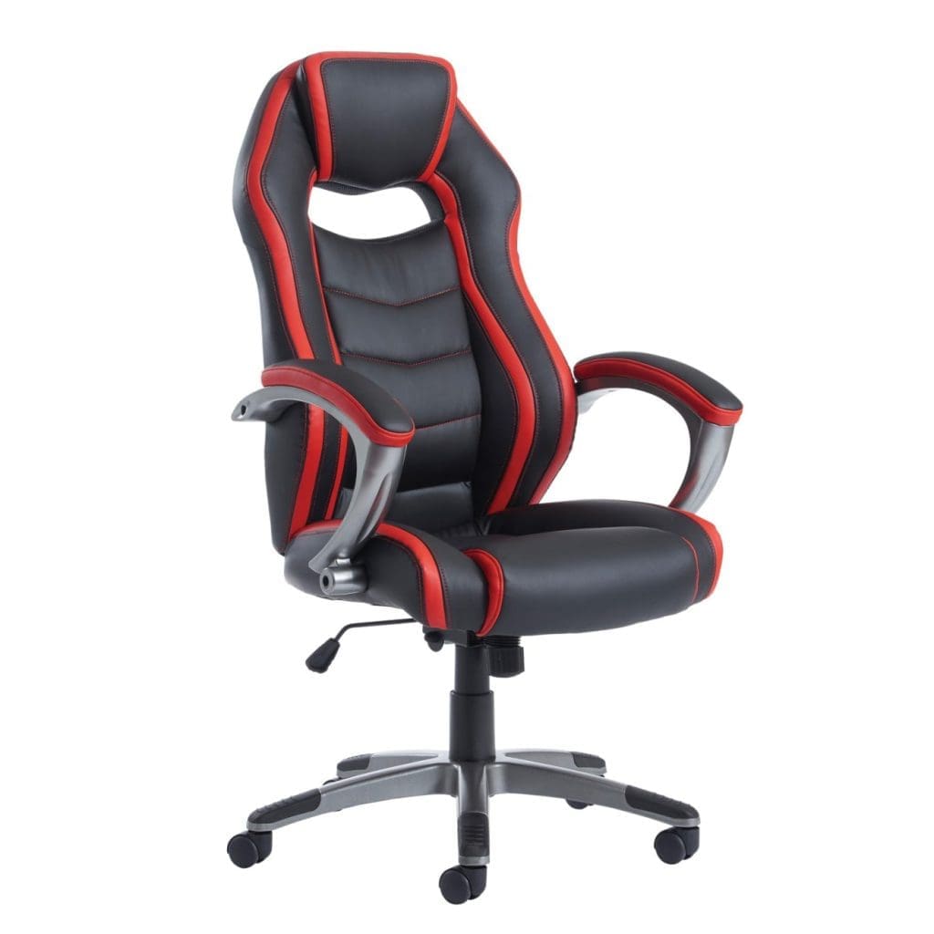 Jensen ergonomic manager’s chair with racing-style red and black design