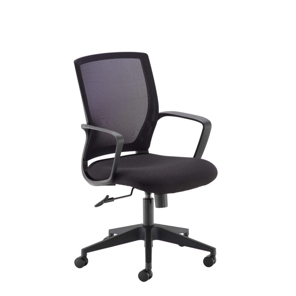 Jonas operators chair with mesh back, black arms, and chrome base