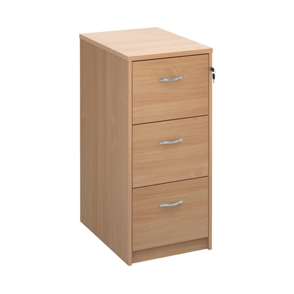 Wooden filing cabinet with silver curved handles and 3 drawers in white oak finish for office use