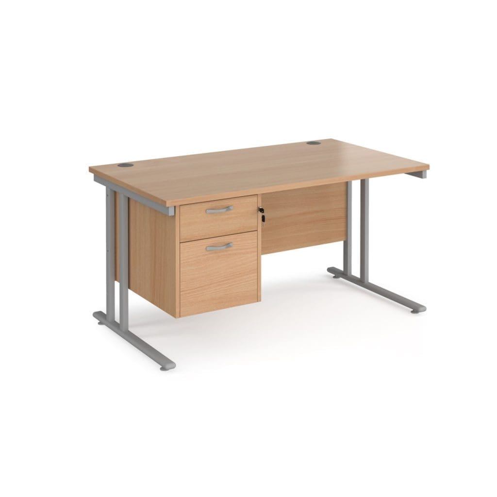 Maestro 25 rectangular desk with black cantilever frame and 2-drawer pedestal