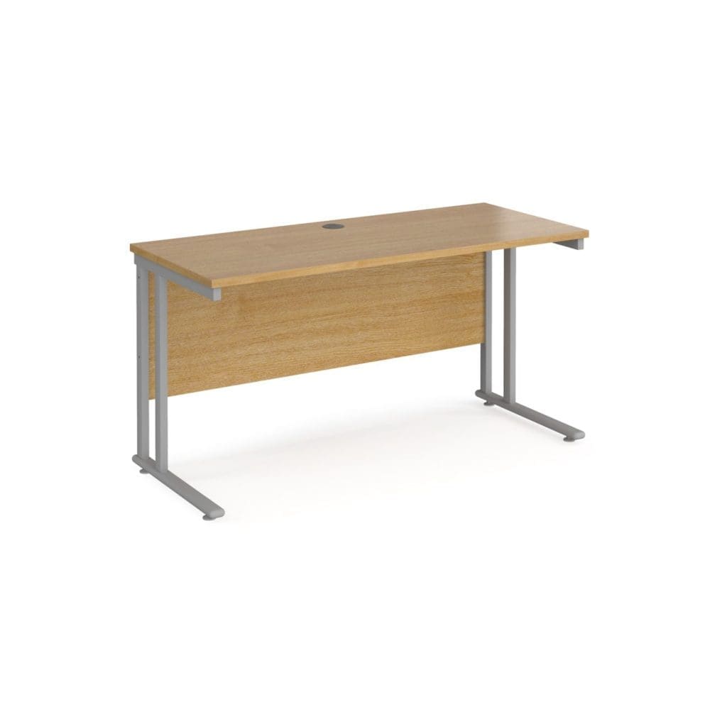 Maestro 25 rectangular office desk with 600mm depth and silver cantilever legs in oak finish