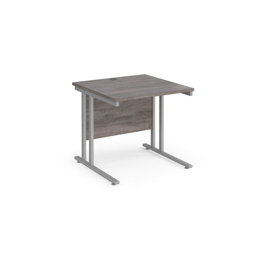 Maestro 25 rectangular office desk in white with cantilever legs and integrated cable port