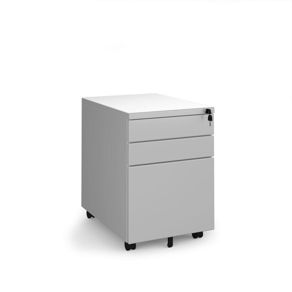 3-drawer mobile steel pedestal in white with slim profile and castors under office desk