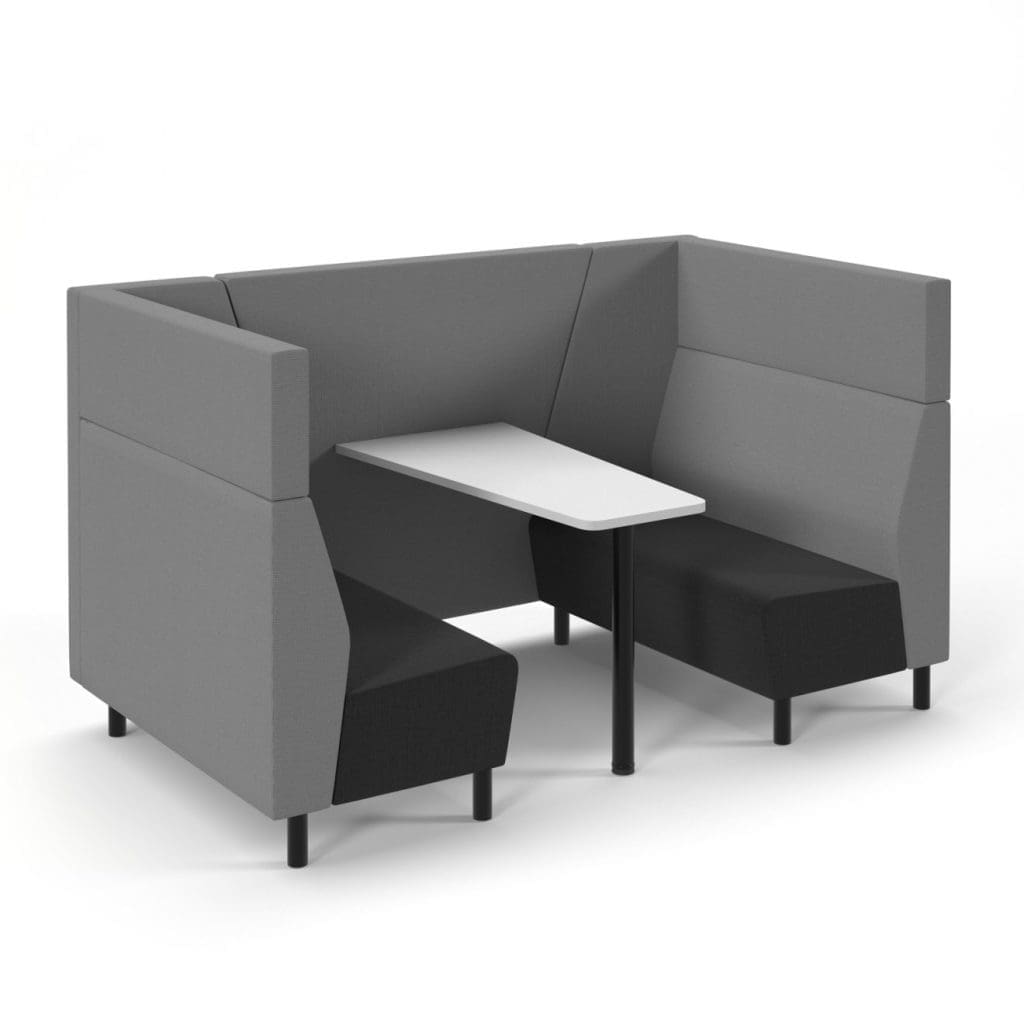 Muse acoustic booth with high upholstered sides, black frame and white table