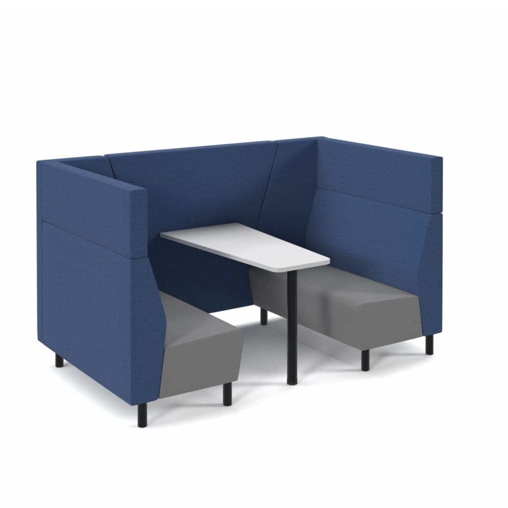 Muse 4 person fabric booth with white table, black legs and upholstered in black seats with grey backs and infill - Image 2